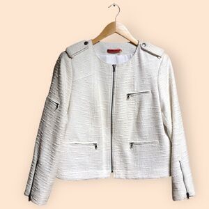 Alice + Olivia Cam White Tweed Zipper Biker Moto Jacket Designer Women’s Large